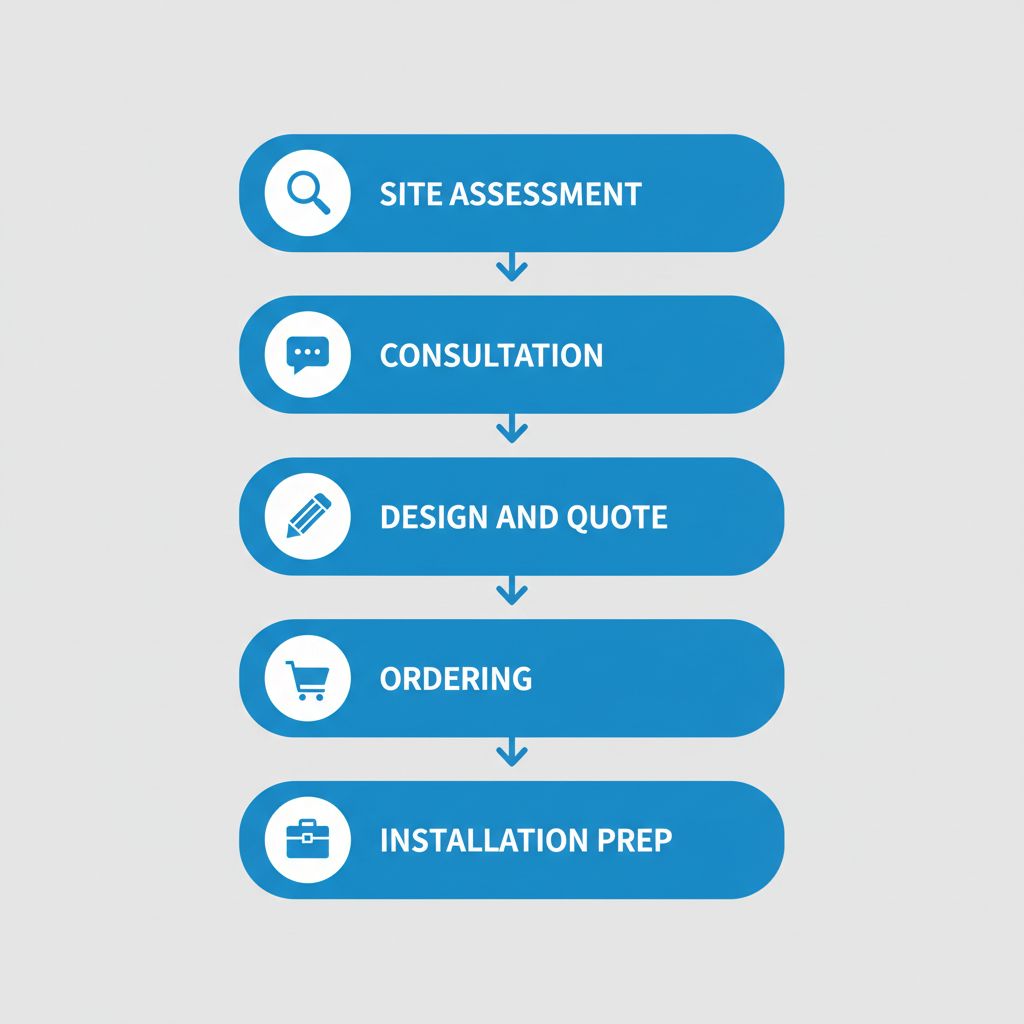 Vertical process flow diagram outlining five steps for starting ADA sign projects in Regina, featuring icons and connected stages.