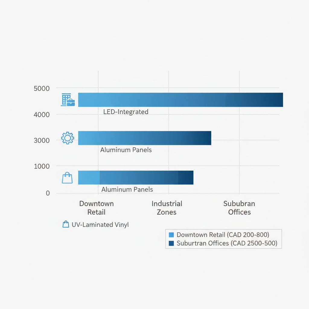 Horizontal bar chart showing cost ranges for different sign types in Regina's business areas: Downtown Retail, Industrial Zones, and Suburban Offices, with material labels and icons.