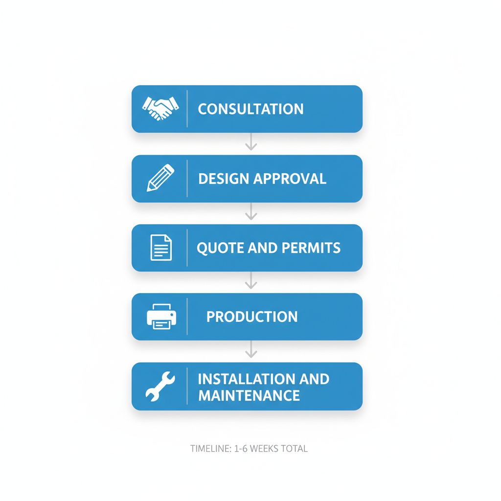 Vertical process flow diagram showing five steps for starting a sign making project in Regina: consultation, design approval, quote and permits, production, and installation with maintenance.