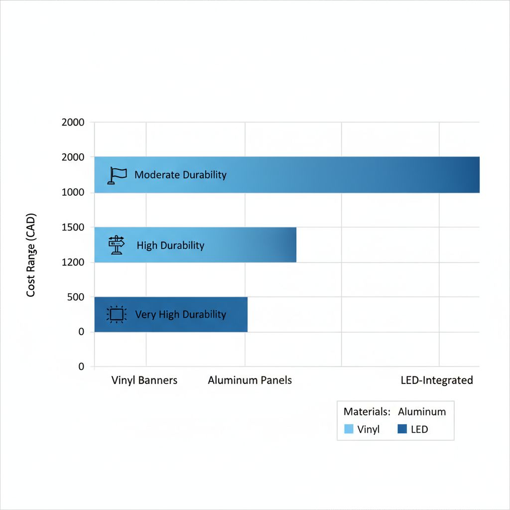 Horizontal bar chart comparing costs, durability, and best uses of Vinyl Banners, Aluminum Panels, and LED-Integrated directional signs for Regina businesses