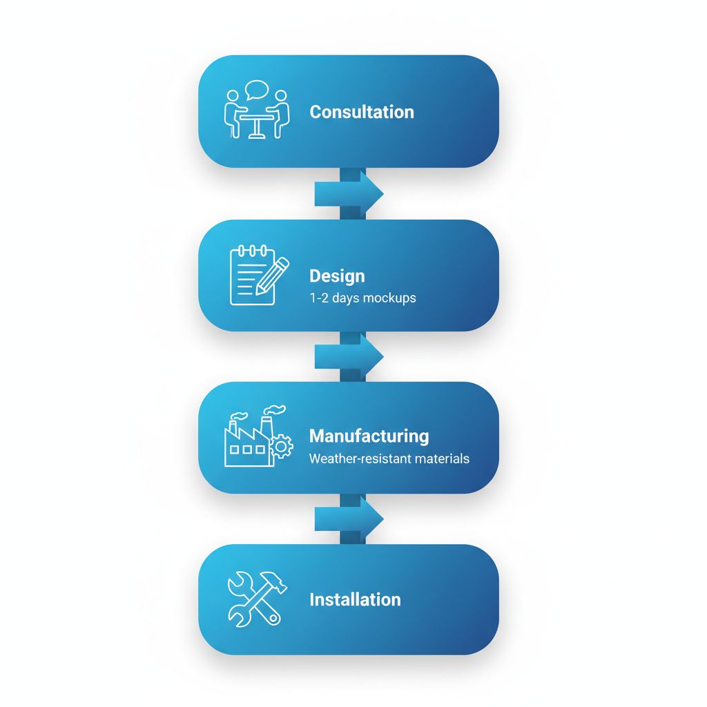 Vertical process flow diagram illustrating four stages of directional sign services: consultation, design, manufacturing, and installation with icons and brief sublabels.