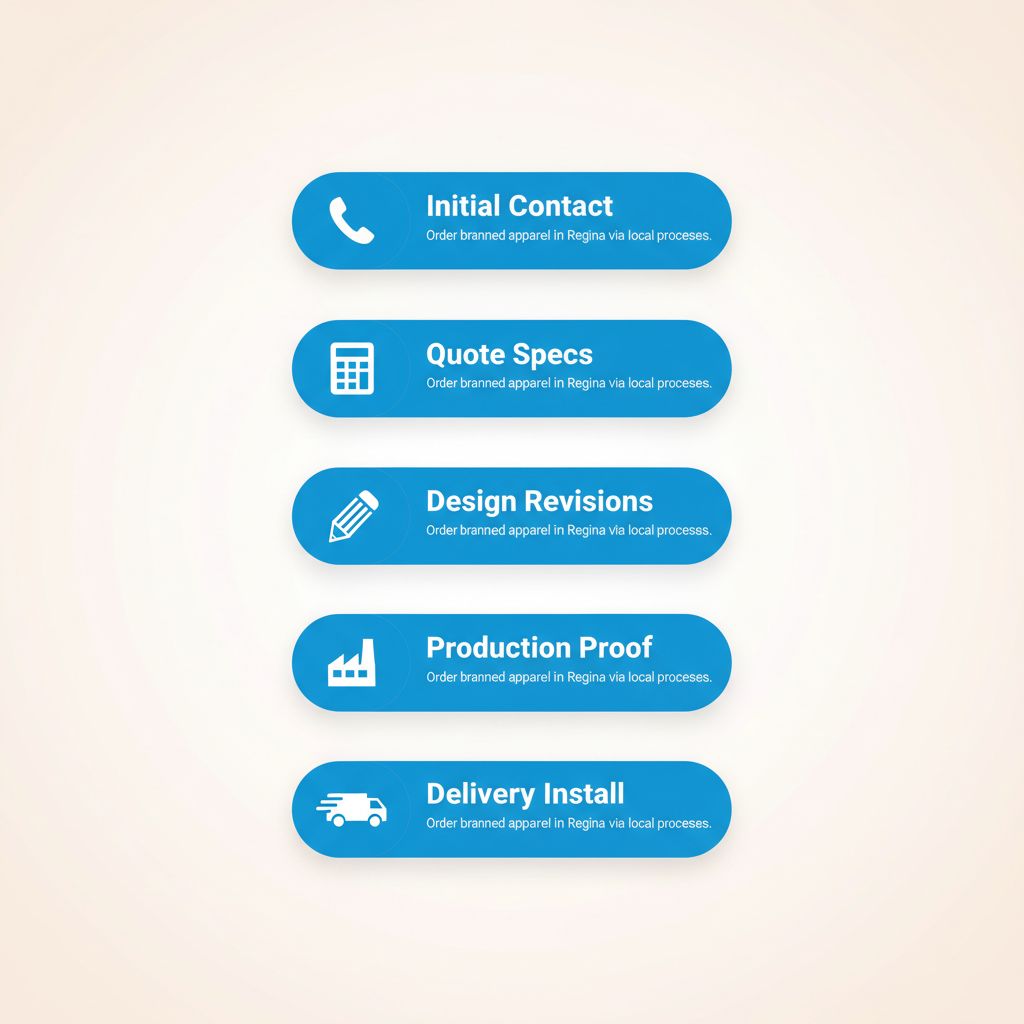 Vertical process flow diagram illustrating five stages for ordering branded apparel in Regina: contact, quoting, design, production, and delivery with icons.