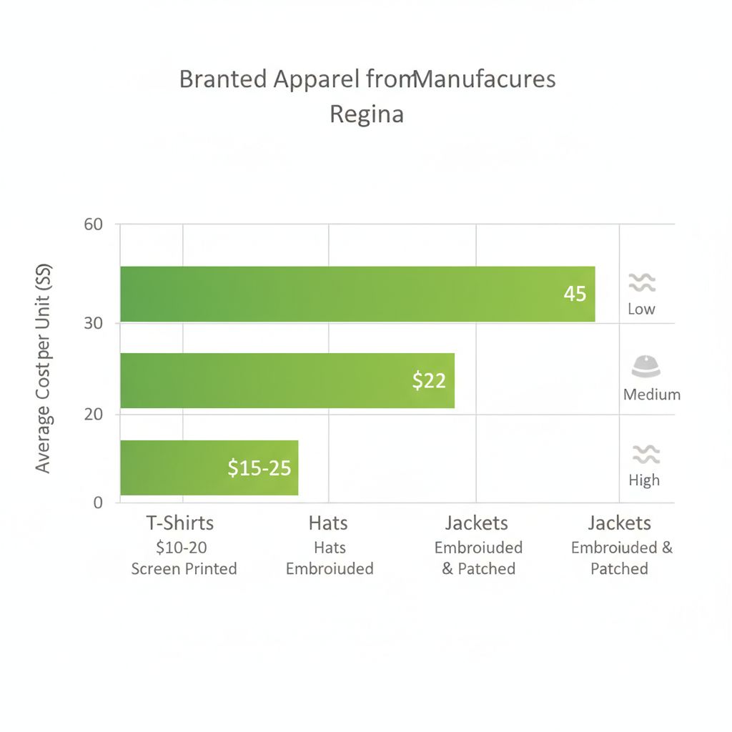 Horizontal bar chart comparing costs and durability of branded apparel options like T-shirts, hats, and jackets in Regina