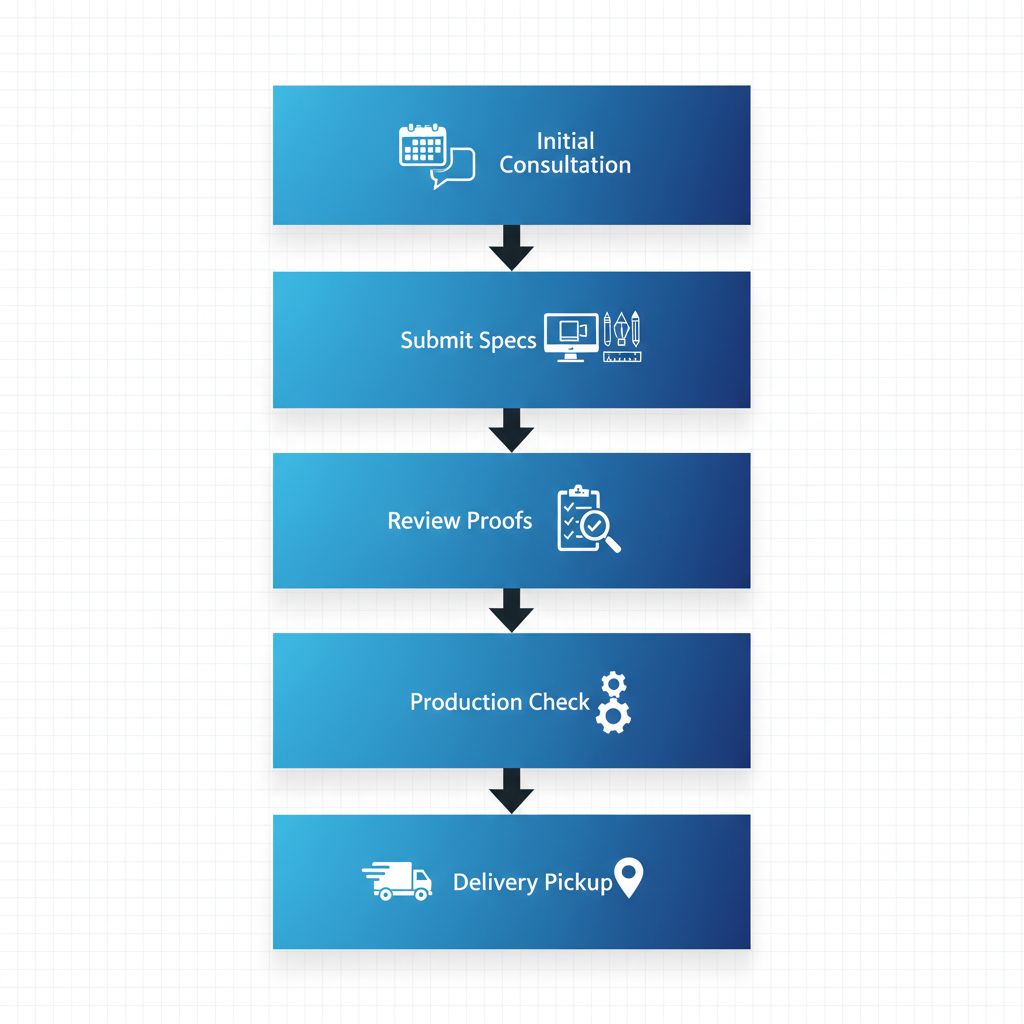 Vertical process flow diagram illustrating the five steps to order promotional pens locally in Regina with simple icons