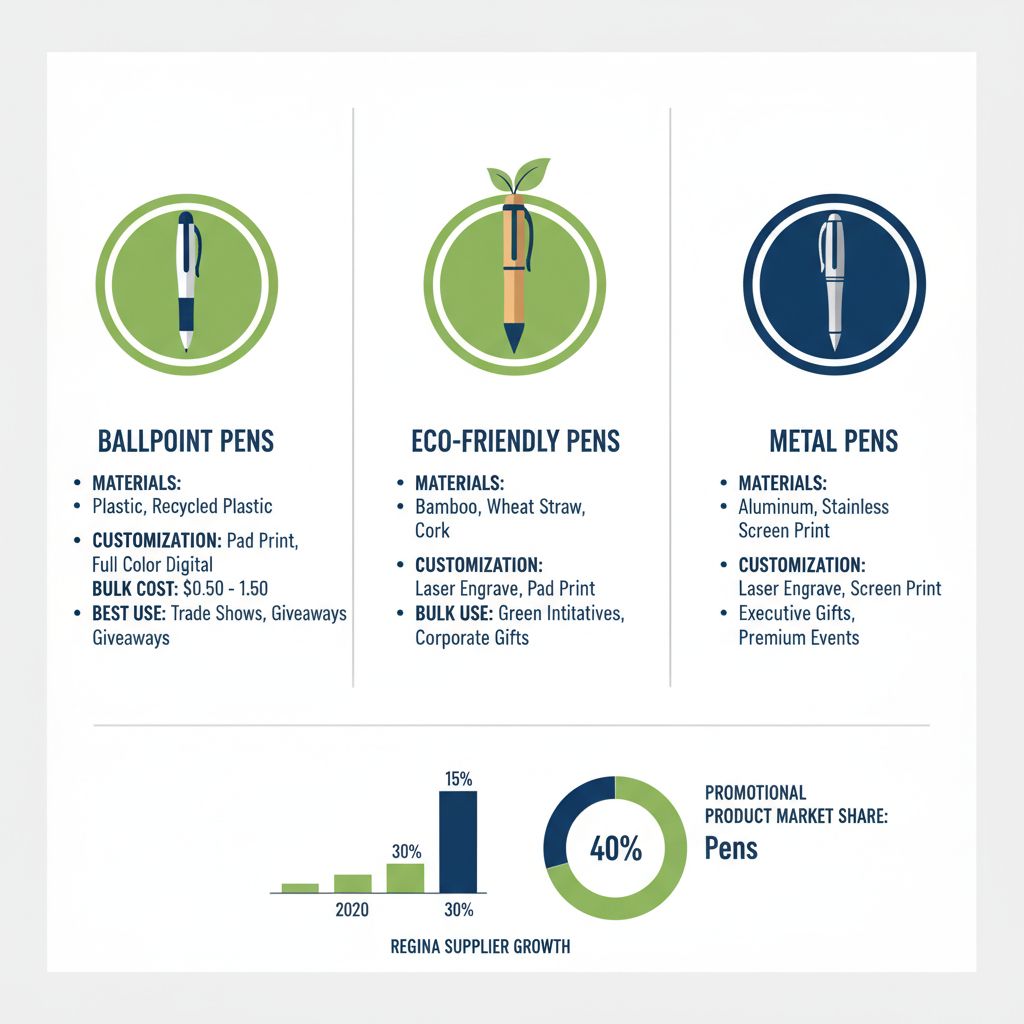 Infographic comparing ballpoint, eco-friendly, and metal promotional pens available in Regina with materials, costs, and use cases.