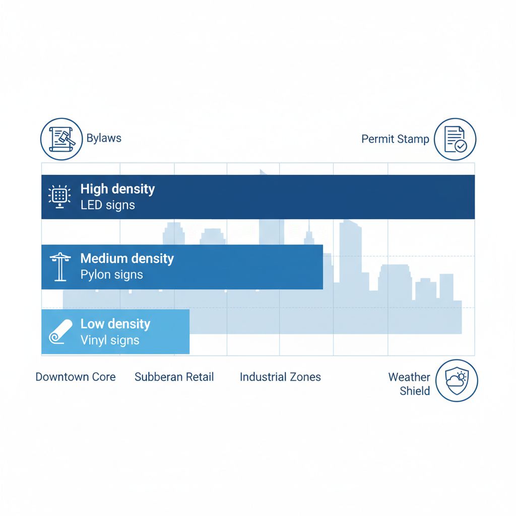Horizontal bar chart comparing signage opportunities and business densities in Regina areas including regulatory icons and recommended sign types