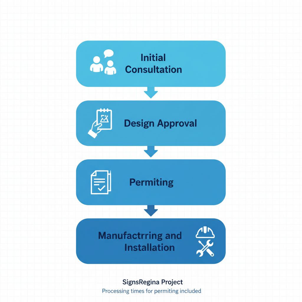 Vertical process flow diagram illustrating the four stages to start a sign project in Regina: initial consultation, design approval, permitting, and manufacturing and installation.