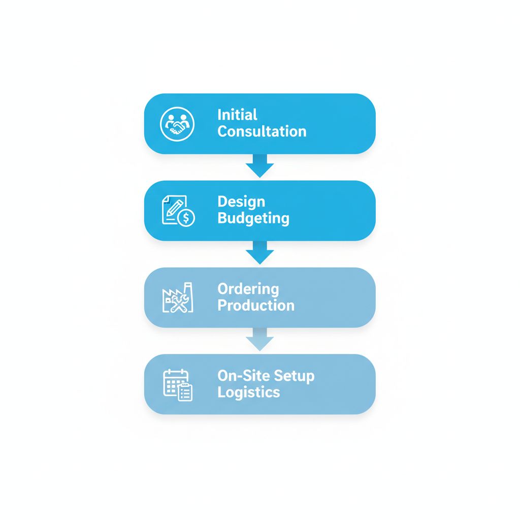Vertical process flow illustrating five steps for designing and setting up a tradeshow booth in Regina