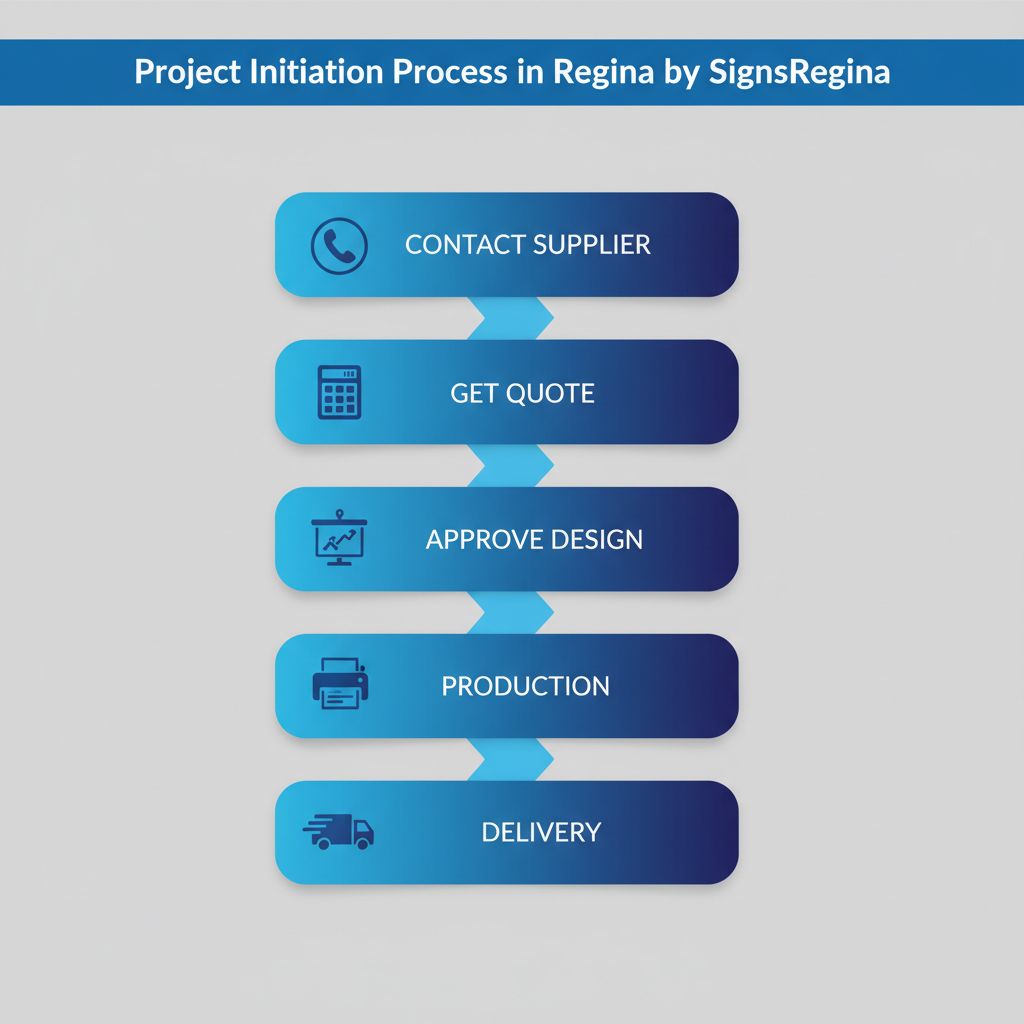 Process flow diagram illustrating five steps to start a banner stand project in Regina, with icons and arrows connecting stages.