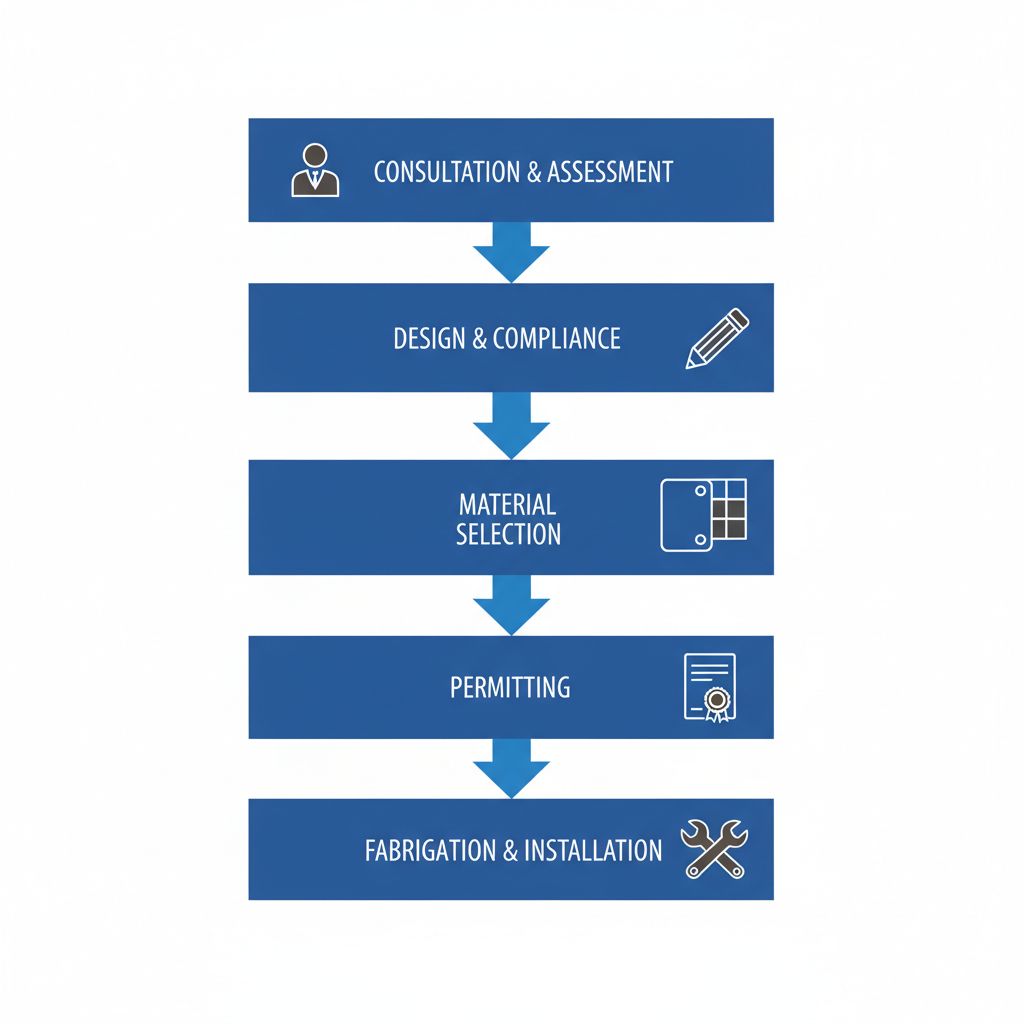 Vertical process flow diagram illustrating five steps for ordering and installing parking signs in Regina, from consultation to fabrication and installation.