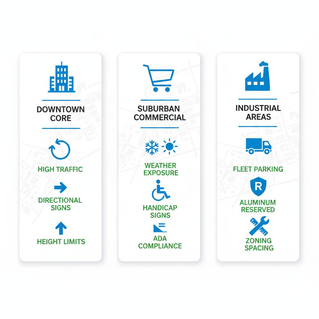 Infographic comparing parking sign requirements in Downtown Core, Suburban Commercial Zones, and Industrial Areas of Regina with icons for challenges, signs, and bylaws.