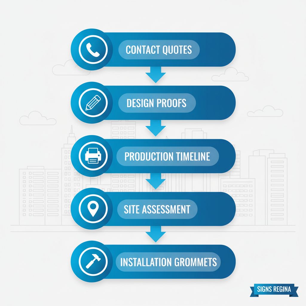 Vertical process flow diagram showing five steps to order custom banners: contact for quotes, design consultation, production, site assessment, and installation.
