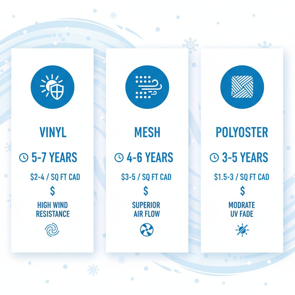 Infographic comparing vinyl, mesh, and polyester banner materials for Regina weather conditions with durability and cost stats.
