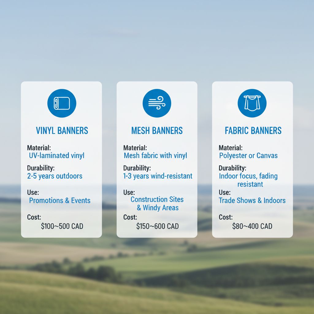Infographic comparing vinyl, mesh, and fabric banner types for Regina businesses, showing durability, uses, and costs.