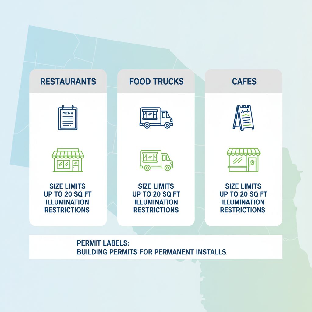 Infographic comparing signage requirements for restaurants, food trucks, and cafes in Regina, including size limits, illumination rules, and permit needs.
