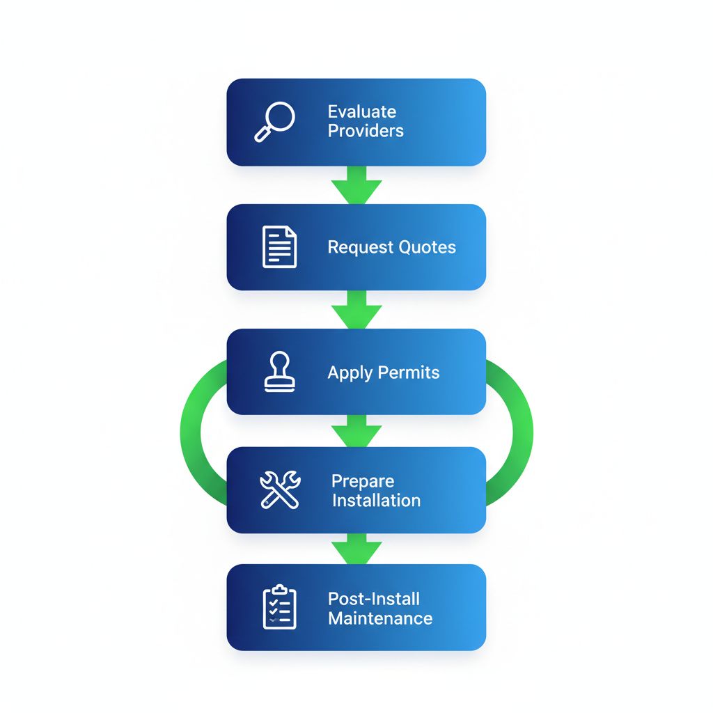 Vertical process flow diagram illustrating five steps for sourcing and installing food service signage in Regina, including evaluation, quotes, permits, preparation, and maintenance.