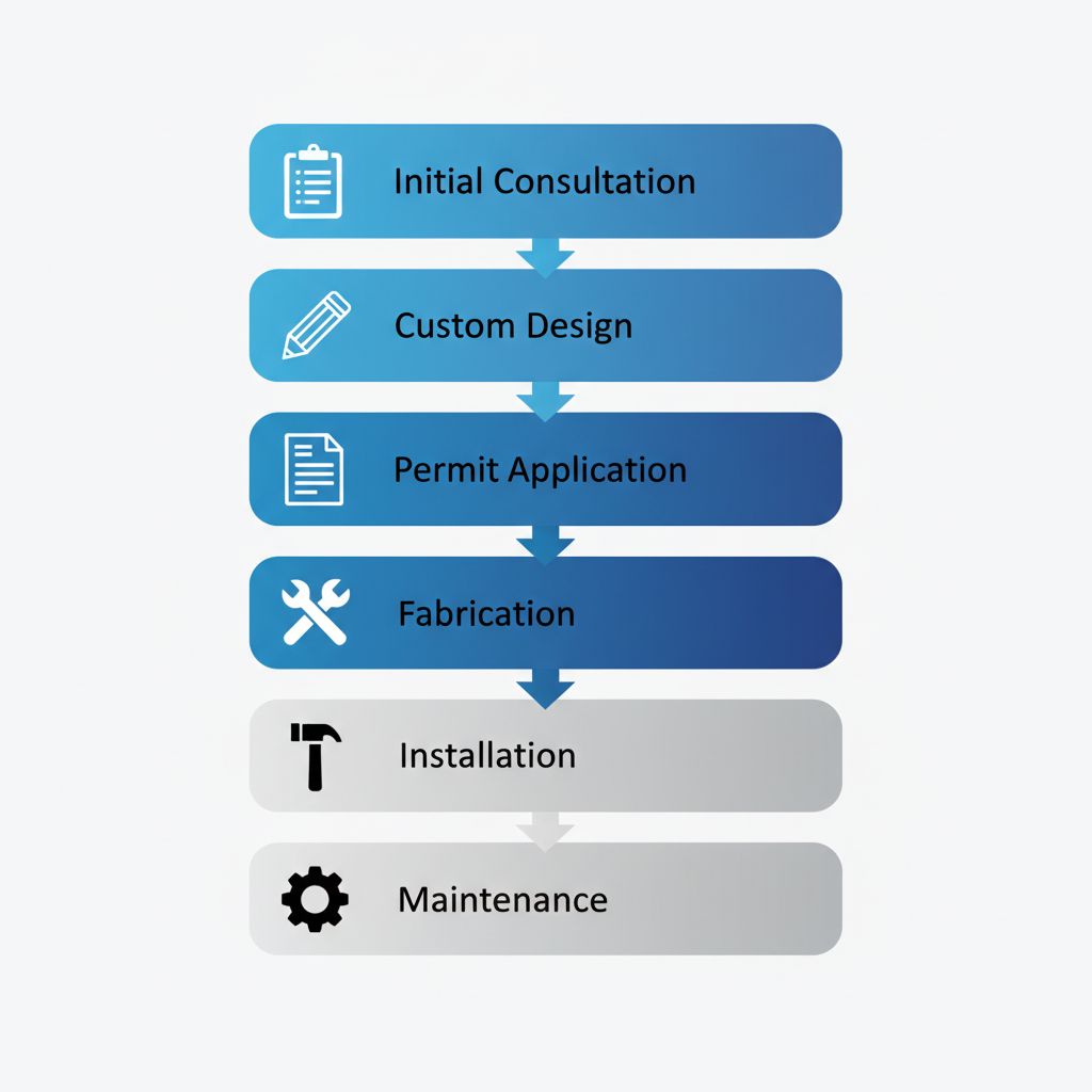 Vertical process flow diagram illustrating the six steps to acquire custom menu boards in Regina, including consultation, design, permits, fabrication, installation, and maintenance with relevant icons.
