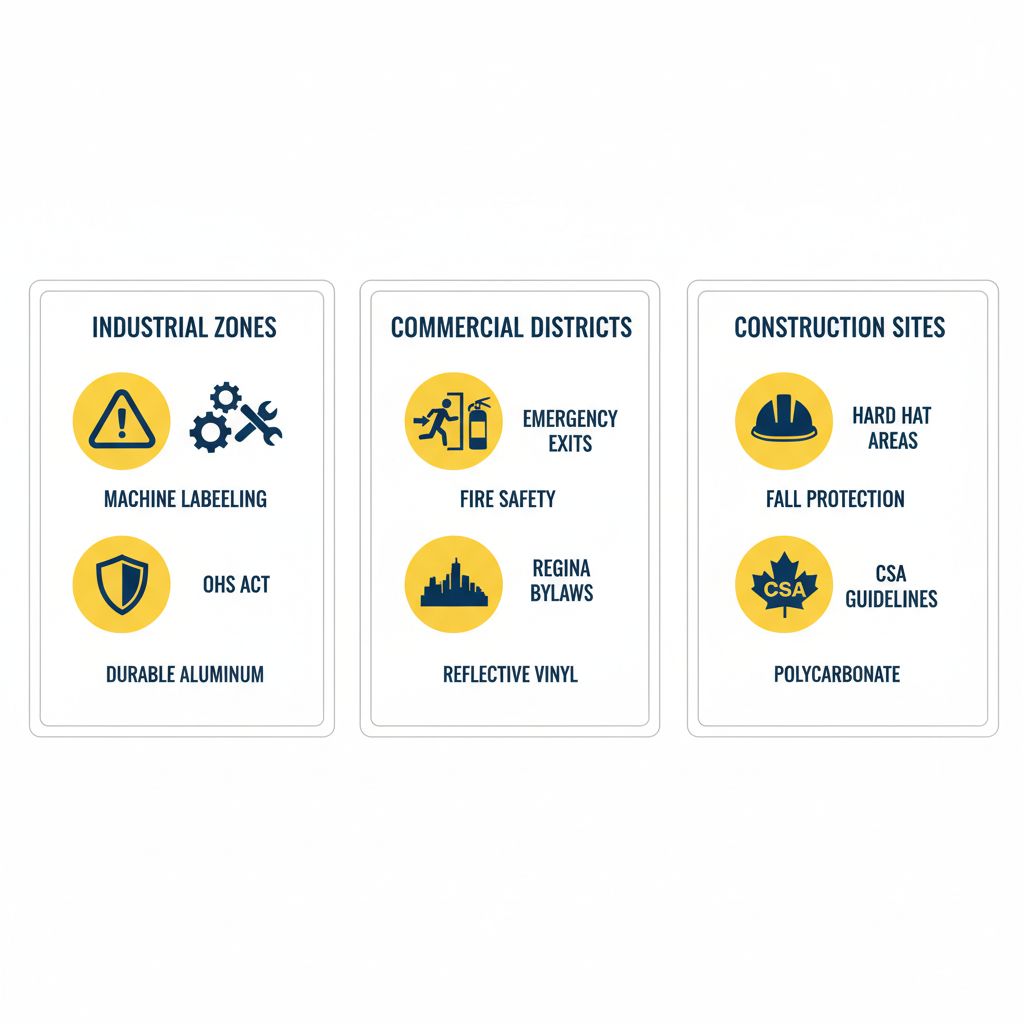Infographic comparing safety sign requirements for industrial, commercial, and construction areas in Regina.