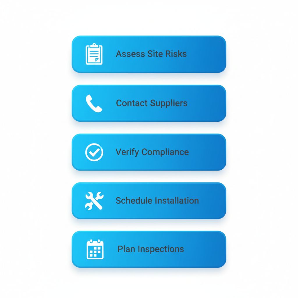 Vertical flowchart illustrating the five-step process for sourcing and installing safety signs in Regina, featuring icons for each stage.